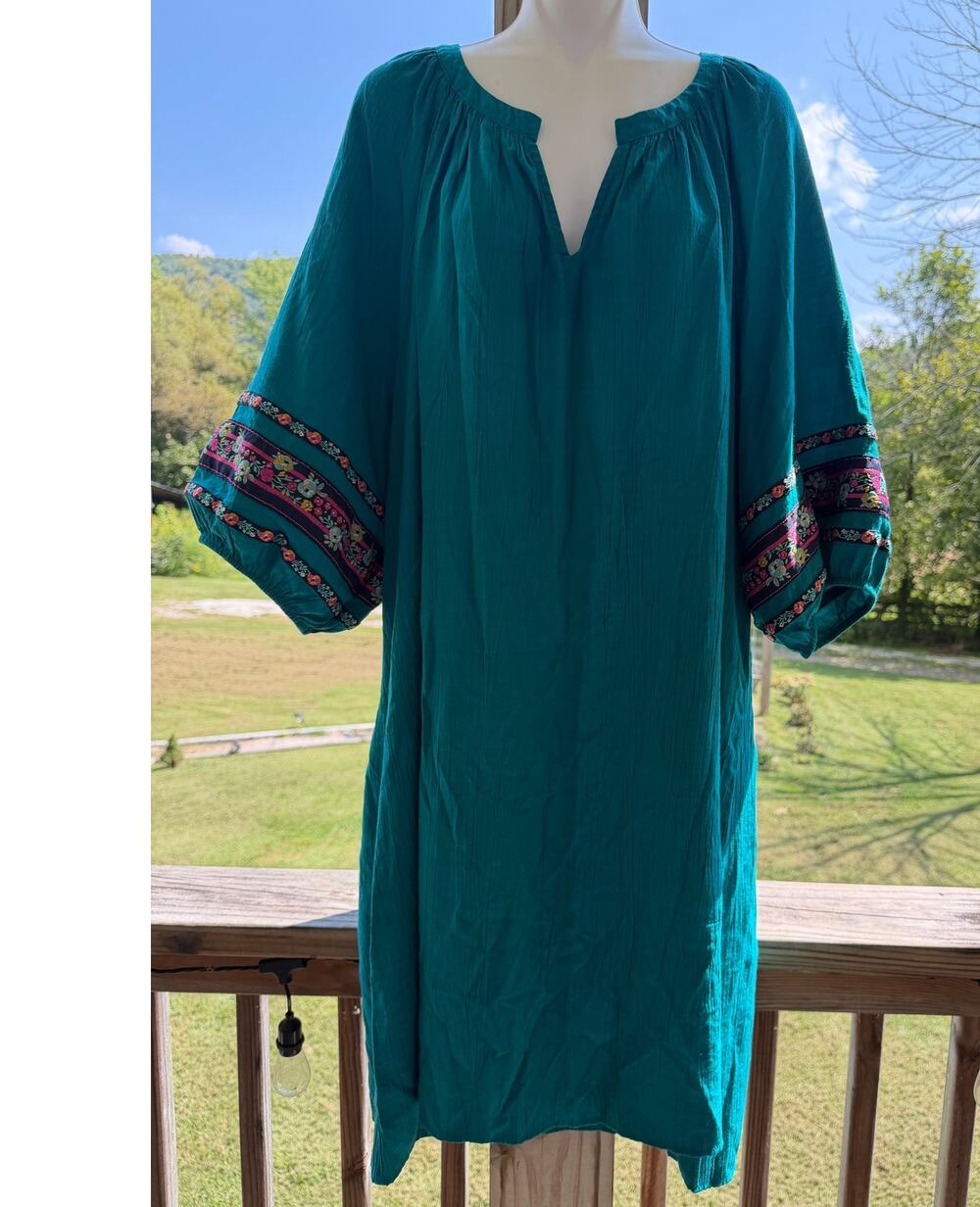 The Pioneer Woman 3X Teal Embroidered Sleeve Boho Peasant Dress Folk